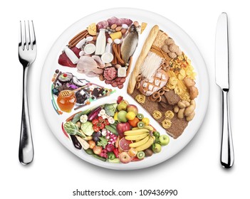 Food Balance Products  On A Plate. Diet Concept. White Background.