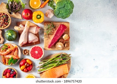 Food Banner With Copy Space. Overhead Flat Lay Shot Of Many Groceries, The Concept Of A Healthy Diet