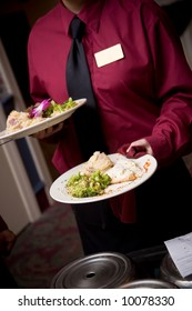 Food Being Served By A Waiter During A Wedding Or Catered Social Event - NOTE: This Image Has Very Slight Movement In The Hands From The Action Of The Dinner Being Brought To The Table.