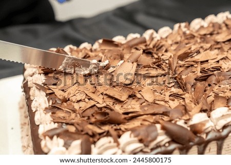 food and beverage concept at a birthday party event, chocolate cake celebration at a birthday party or event. Dark chocolate flake on top ganache chocolate cake.
