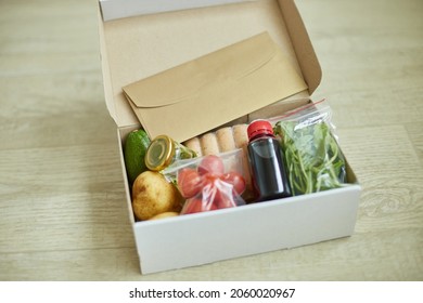 Food Box Meal Kit Of Fresh Ingredients And Recipe Blank Order From A Meal Kit Company, Delivered, Cooking At Home.