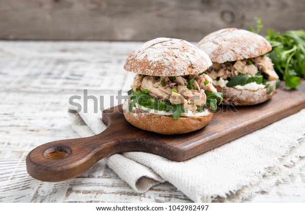 Food Burger Tuna Herbs Cucumbers Cottage Food And Drink Stock Image