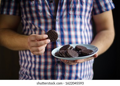 Food Calorific Value, Sugar Contain, Imbalanced Nutrition. Man Eating Sweets, Close Up