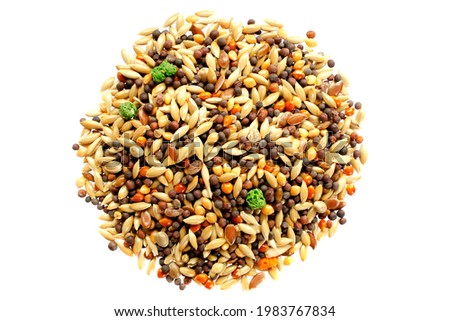 Food for canaries, parrots, finches, top view. Mixed seeds for bird feeding on white background. Food for exotic birds isolated on white background, top view. Mix for feeding canaries, parrots.