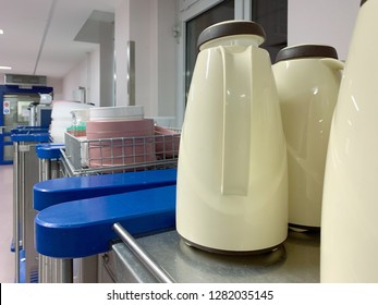 Food Cart In Modern Hospital Is Standing On The Dishes. Concept: Health