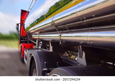 Food cistern. Fast transport of goods. Tank truck in motion. 