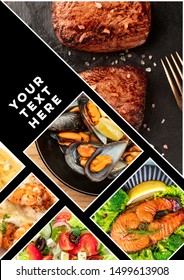 Food Collage. A design template with various tasty dishes with a place for text or logos