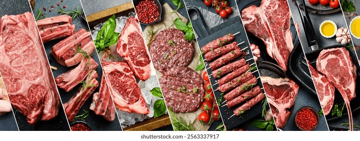Food collage: fresh meat, steaks and sausages. Barbecue set.