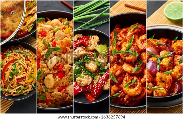 Food collage. Indian chinese cuisine dishes set.\
Schezwan Noodles, Fried Rice, Chicken, Prawns and Paneer. Indian\
Food. Asian Dishes Photo\
Collage