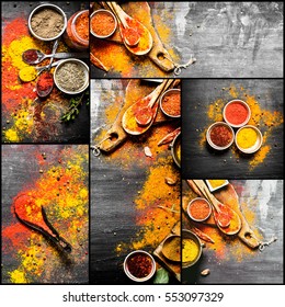 Food collage of indian spice and herb.