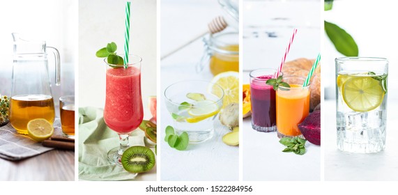 Food Collage From Photo Of Healthy Drinks. Kombucha, Ginger Drink, Smoothie, Lemonade, Freshly Squeezed Juices On A Light Background