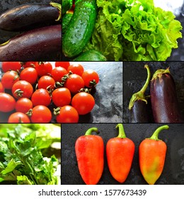Food collage. Ripe vegetables, eggplant, cucumber, bell peppers, lettuce, tomatoes, parsley. Healthy vegetarian raw food. A variety of vegetables.