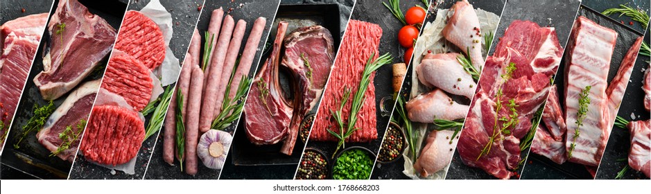 Food collage. Set of different meat, veal, pork and chicken on a black background. Top view. - Shutterstock ID 1768668203