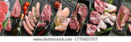 Food collage. Set of different meat, veal, pork and chicken on a black background. Top view.