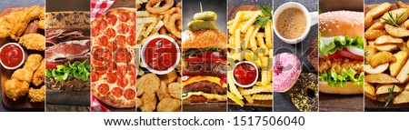 food collage of various fast food meals and drinks