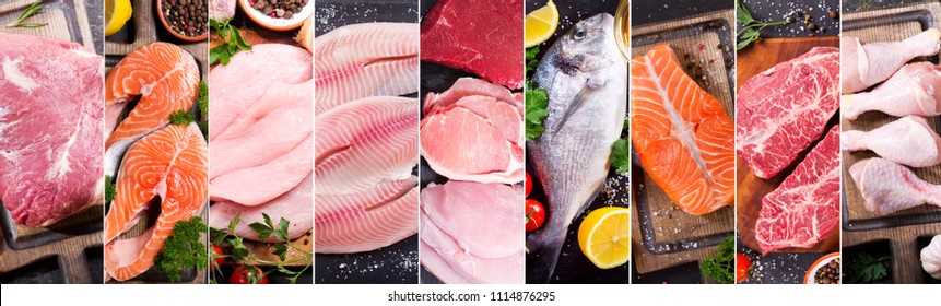 food collage of various fresh meat, chicken and fish, top view