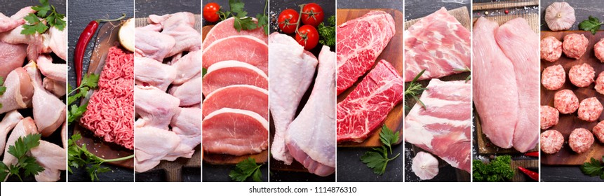 Food Collage Of Various Fresh Meat And Chicken, Top View