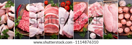 food collage of various fresh meat and chicken, top view