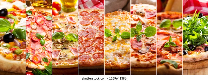 food collage of various types of pizza
