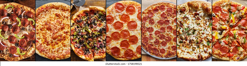 food collage of various types of pizza in flat lay composition