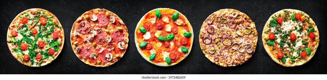 Food collage of various types of pizza on dark rustic background