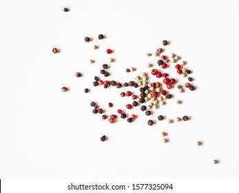 Food composition of various spices on white background. Top view.
