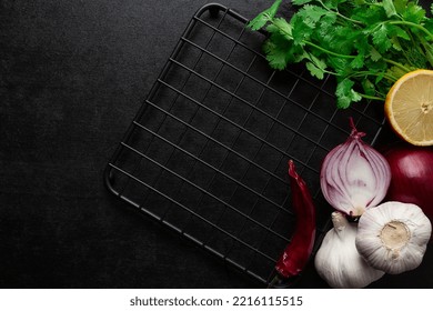 Food Concept, Black Table, Hot Plate, Spices, Top View, No People Horizontal,