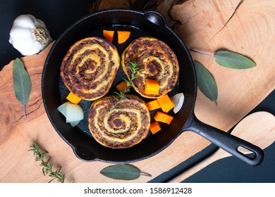 Food Concept Fleischschnackas  Alsatian, Alsace French Local Food Meat Stuffed In Egg Roll Pasta In Skillet Iron Pan