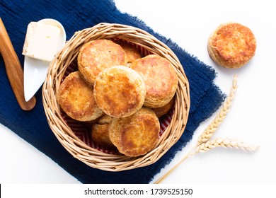 Food concept Homemade browned crust butter milk American biscuits or Scones with copy space