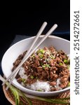 Food concept Korean  ground beef bowl on black background with copy space