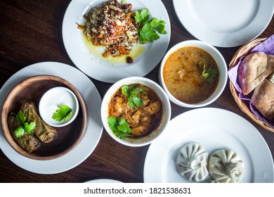 Food Concept. Soup, Chicken, Salat On Wooden Table