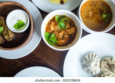 Food Concept. Soup, Chicken, Salat On Wooden Table