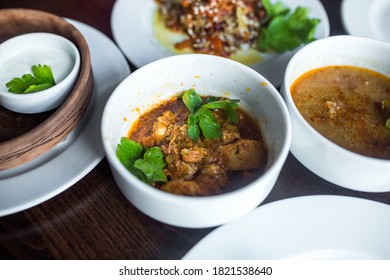 Food Concept. Soup, Chicken, Salat On Wooden Table