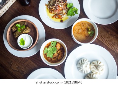 Food Concept. Soup, Chicken, Salat On Wooden Table