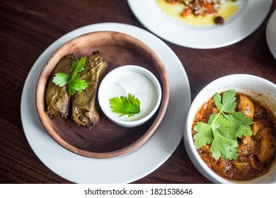 Food Concept. Soup, Chicken, Salat On Wooden Table