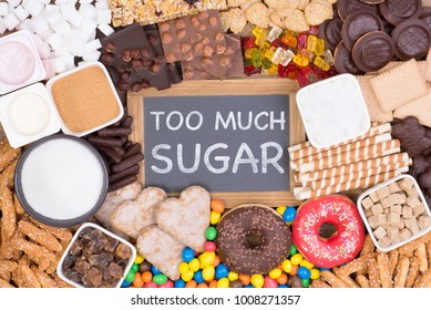 Food containing too much sugar. Sugar in diet causes obesity, diabetes and other health problems