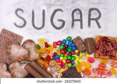 Food Containing Sugar. Too Much Sugar In Diet Causes Obesity, Diabetes And Other Health Problems