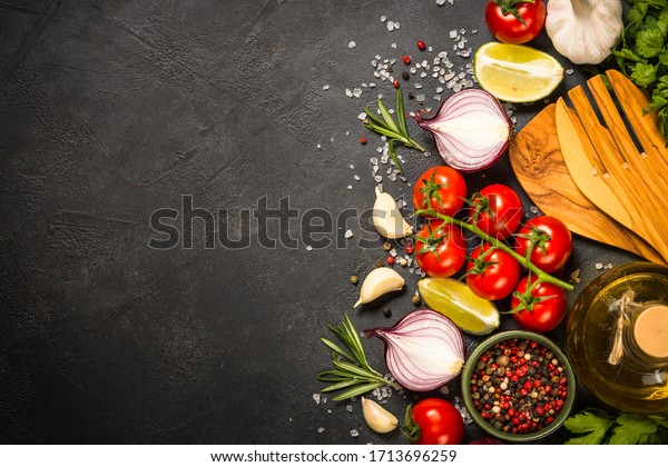 Food Cooking Background On Black Stone Stock Photo (Edit Now) 1713696259