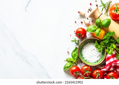 Food cooking background on white marble table. - Shutterstock ID 2165411901