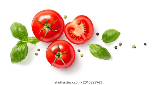 food, cooking, diet or garden design element made of ripe whole and sliced tomatoes, basil leaves and black and green pepper corns isolated over a transparent background, cut-out herbs and vegetables - Powered by Shutterstock