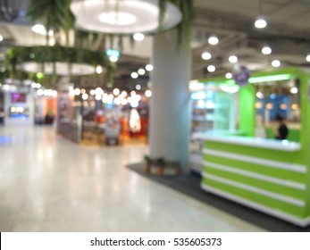 Food Court, Fast Food Restaurant Interior In Shopping Mall Abstract Blur Background