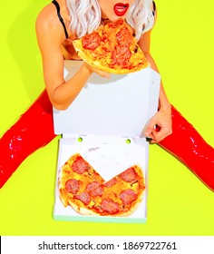Food creative minimal art. Pizza Lover concept. Sexy Blonde Lady.