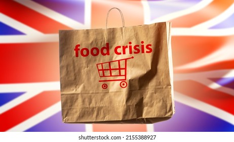 Food crisis in England. Lack of food in United Kingdom. Package labeled food crisis as metaphor for price increases. Rising cost of meal. Humanitarian problems in England. Blurred UK flag - Powered by Shutterstock