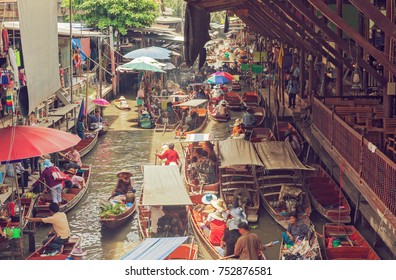 Food And Culture In Asia.Travel And Tourism. Floating Market In Thailand.Bangkok