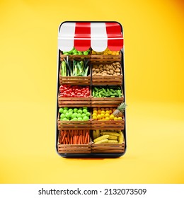 Food delivery app fast service. Background concept of smartphone online shop with healthy fruits and vegetable.  - Shutterstock ID 2132073509