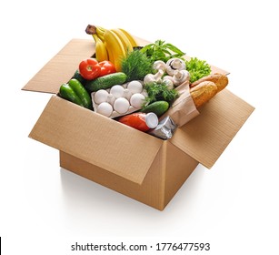 Food delivery in a box. Fruits, vegetables, eggs, mushrooms and bread in a box for delivery isolated on white background. With clipping path. - Powered by Shutterstock