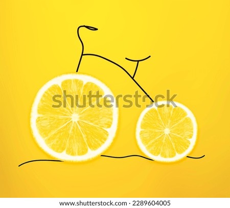 Food delivery concept. Creative bicycle with wheels made with slices of lemon on isolated yellow background. Minimal abstract raw fruit transport scene