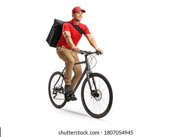 Food Delivery Guy Riding A Bicycle Isolated On White Background