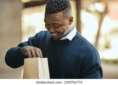 Food, Delivery And Happy Business Man On A Lunch Break Outside, Smiling While Opening A Brown Paper Bag. Hungry Worker Satisfied With Meal Order, Ready To Enjoy A Snack. Male Impressed By Deliver