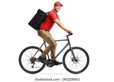 Food delivery man with a bag on a bicycle isolated on white background